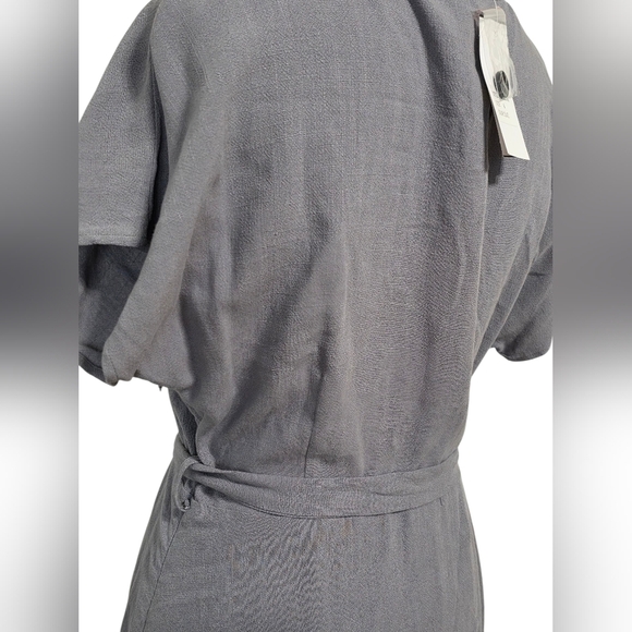 SADIE & SAGE Anthropologie gray linen mini dress, short sleeve rayon wrap V neck - Picture 3 of 6